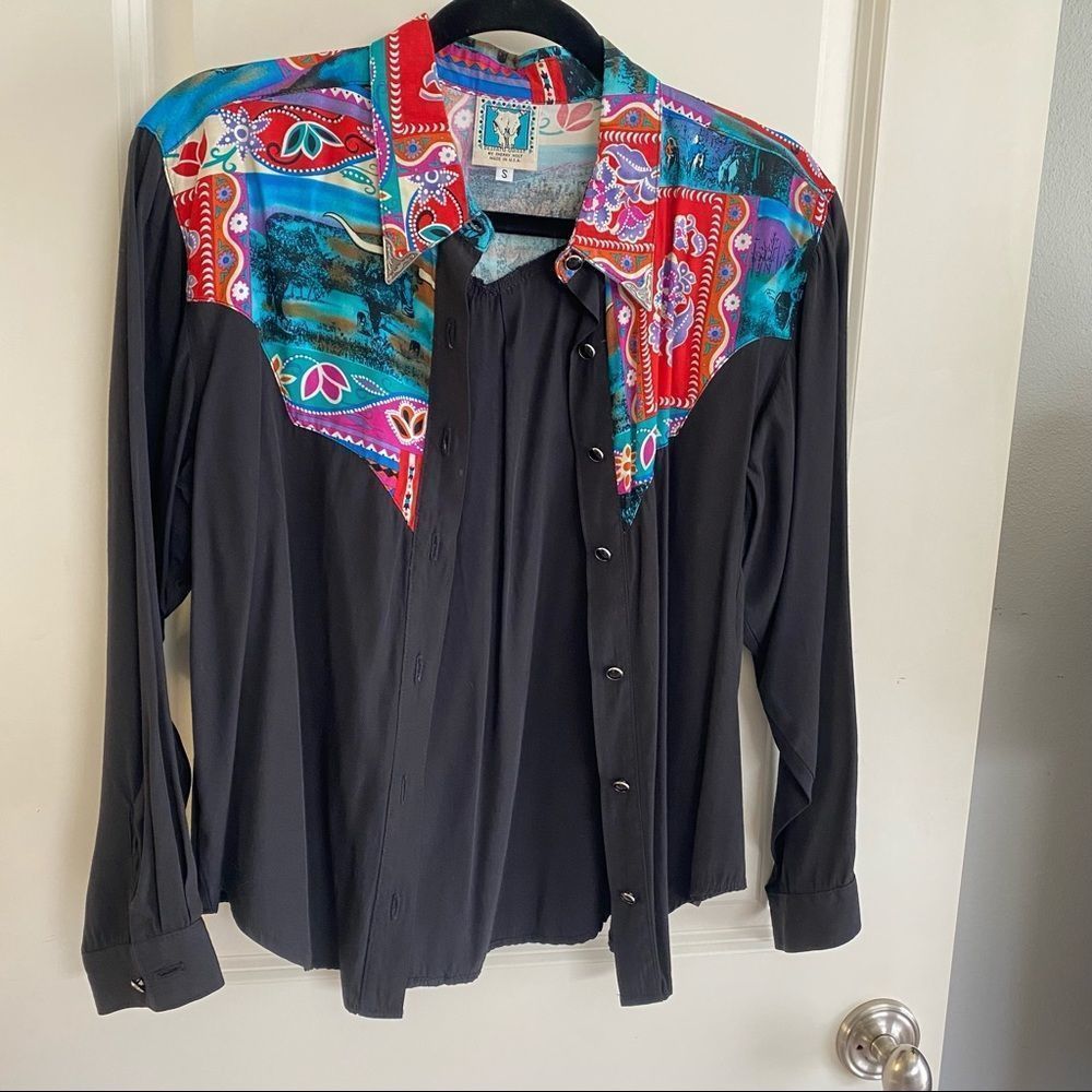 Vintage Multi Color Western Inspired Cowboy Button Down w/ Metal Collar Tips